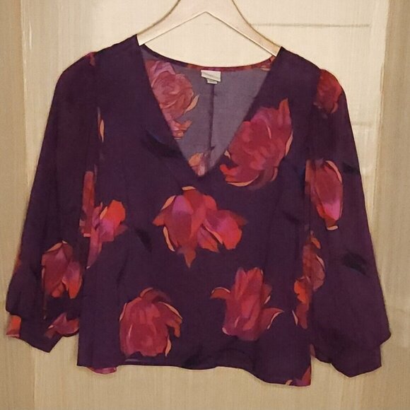 A New Day Purple Floral Cropped Balloon Sleeve Blouse XL - Picture 1 of 6